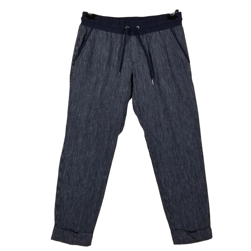 Athleta Linen Jogger Pants Womens 2P Navy Blue Pinstripe Drawstring Casual